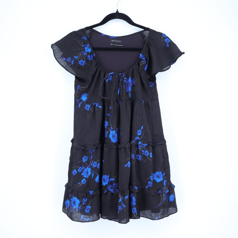 Urban Outfitters Bea Floral Mini Dress Black Babydoll Short Sleeve Women's XS